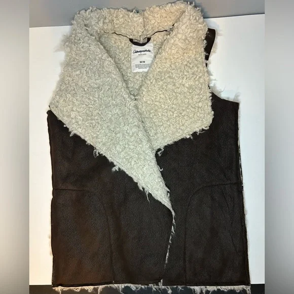 Aeropostale Women's M‎ Faux Suede Sherpa Lining Brown Vest Draped Open Front - Picture 3 of 9